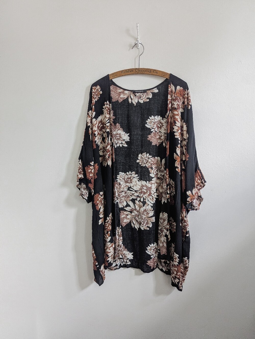 Dark Floral Kimono Open Duster In Black, Rust, And White